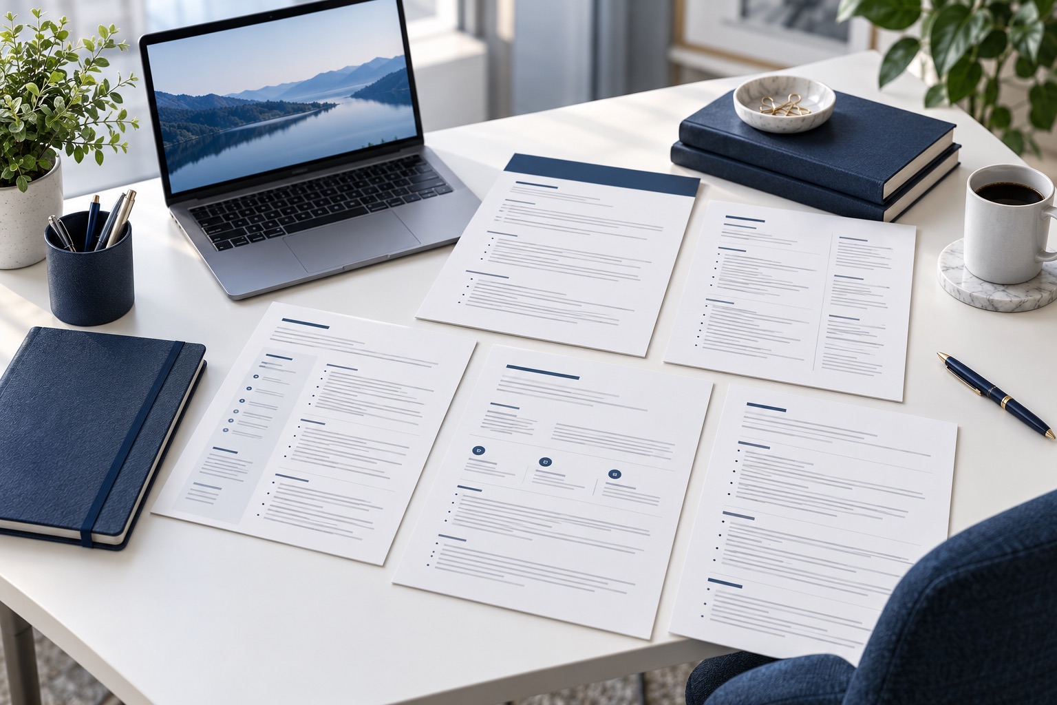 Illustrative professional resume layouts arranged beside a laptop