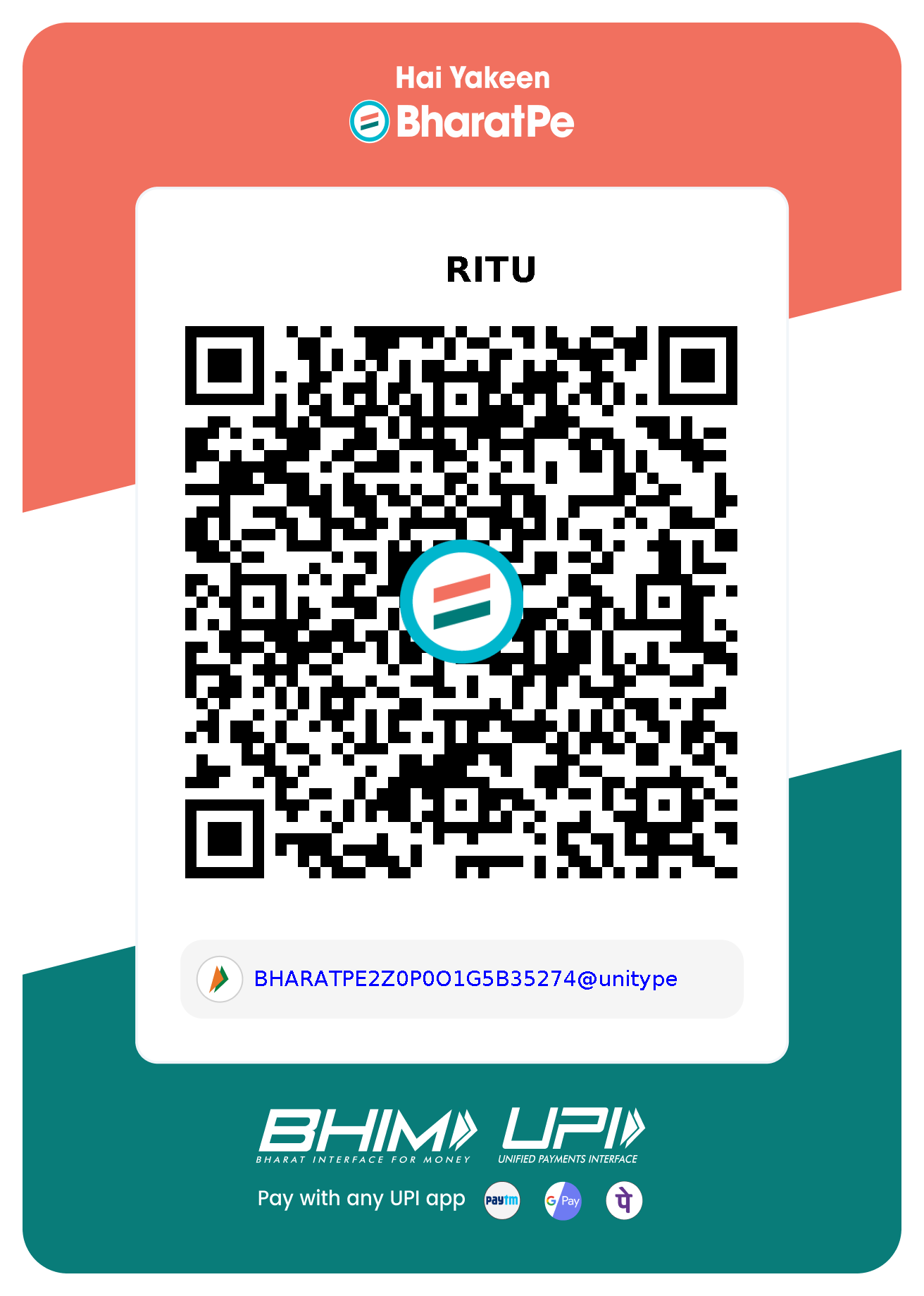 BharatPe UPI QR code for merchant RITU, UPI ID BHARATPE2Z0P0O1G5B35274@unitype