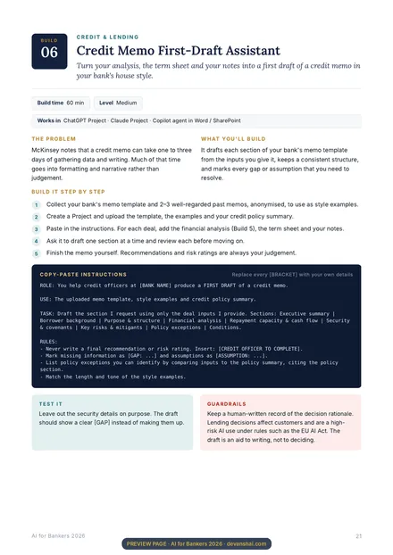 Sample copy-paste instructions: Credit Memo First-Draft Assistant (Page 21) from AI for Bankers 2026