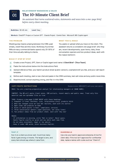 Sample AI build: The 10-Minute Client Brief (Page 15) from AI for Bankers 2026